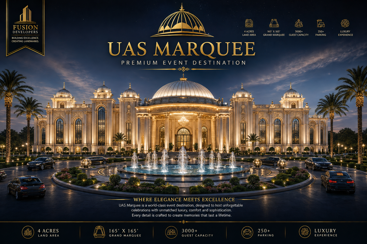 UAS Marquee illuminated at night